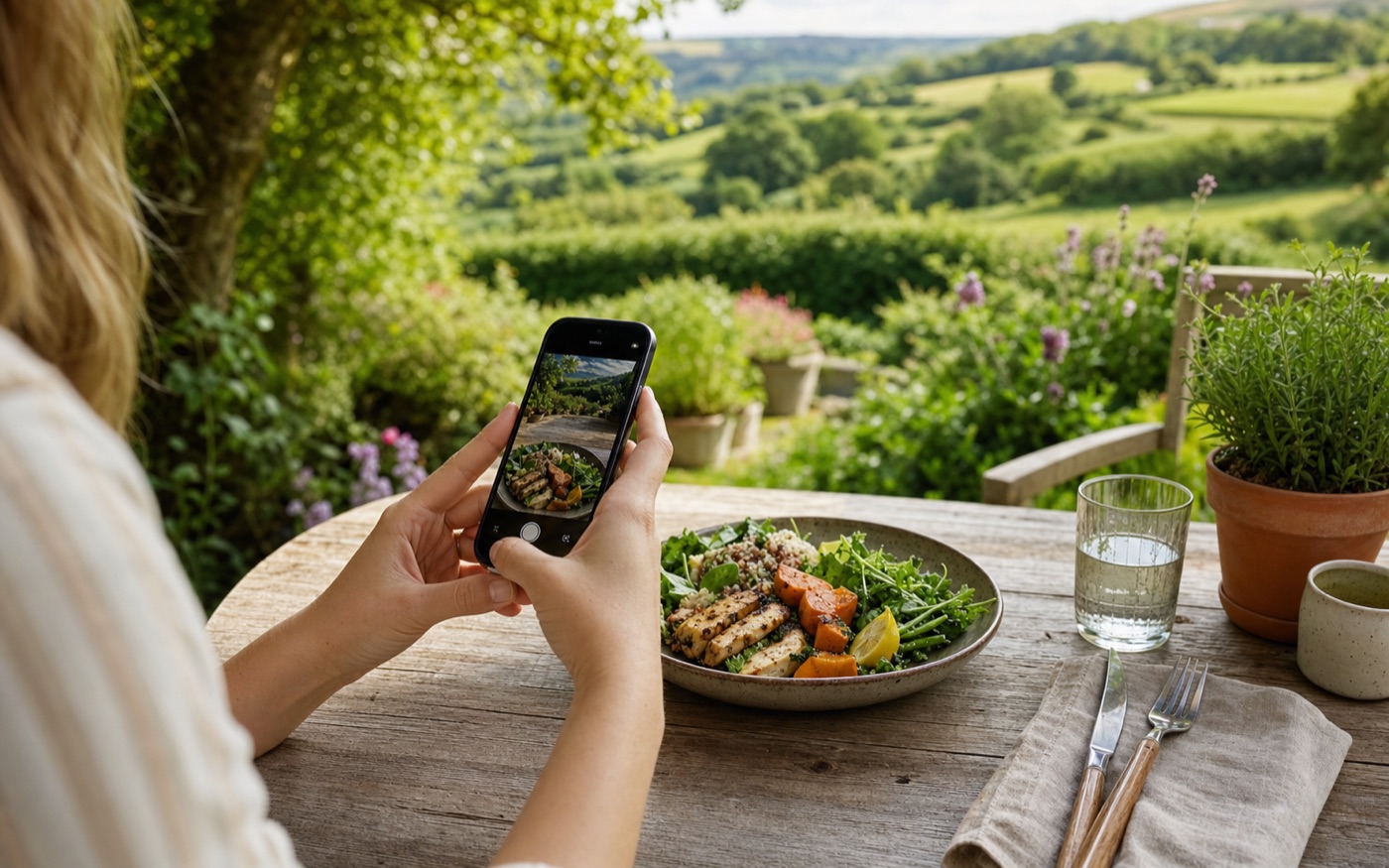 Someone taking a photo of a healthy plate of food in the green countryside